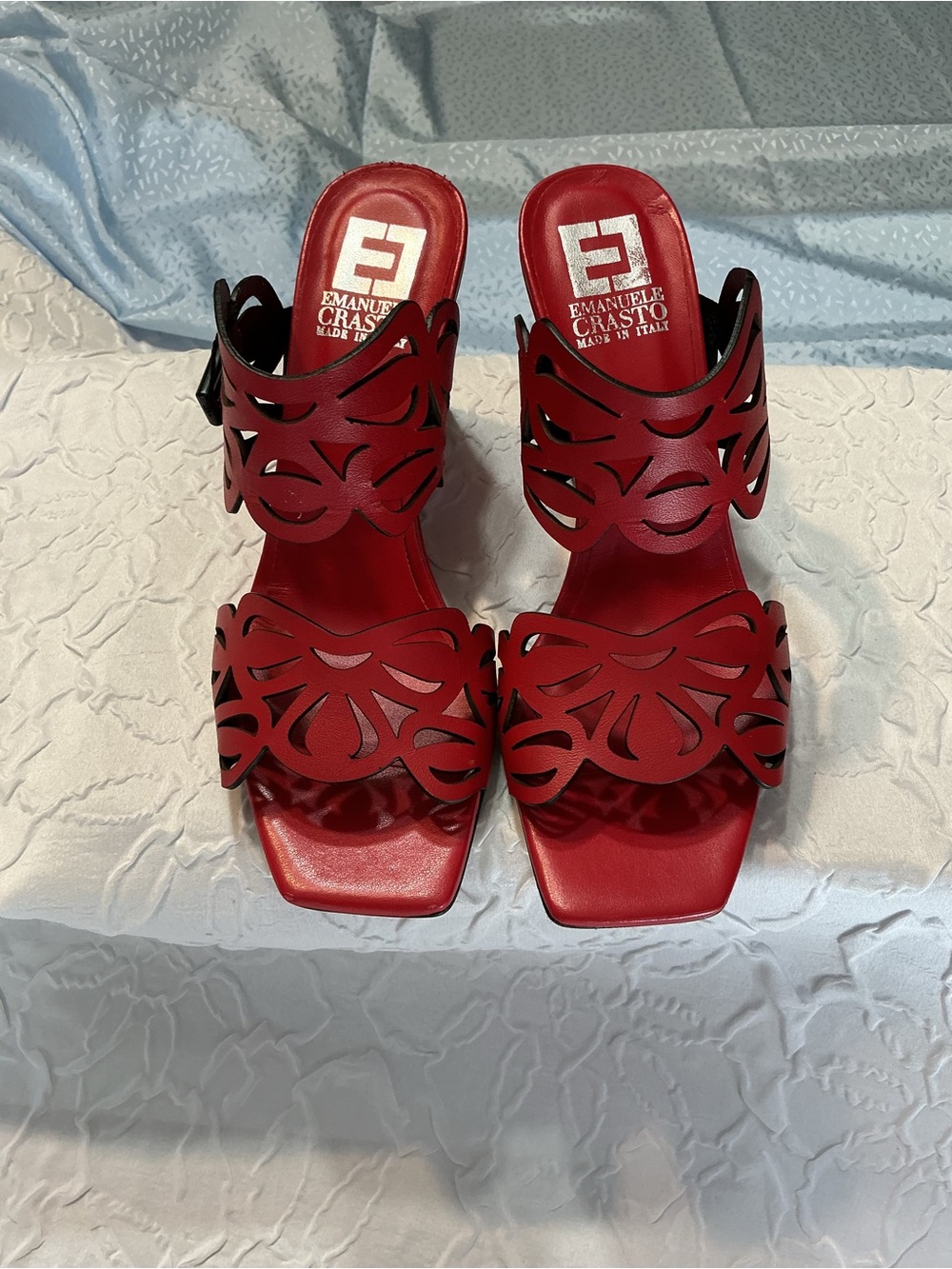 Emanuele Crasto Red Laser-Cut Leather Heeled Italian Wedge Sandals